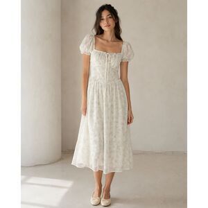 Kestan Ivory Blue Floral Puff Sleeve Midi Dress Size M Smocked Back Cottagecore